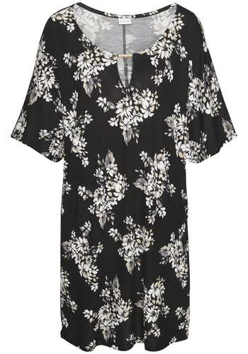 LASCANA Longshirt Damen, Gr. 36/38, Schwarz mit Blumendruck - Modisches Longshirt von LASCANA, vielseitig als Minikleid oder über Leggings tragbar, mit dezentem Blumendruck und goldenem Accessoire am V-Ausschnitt.