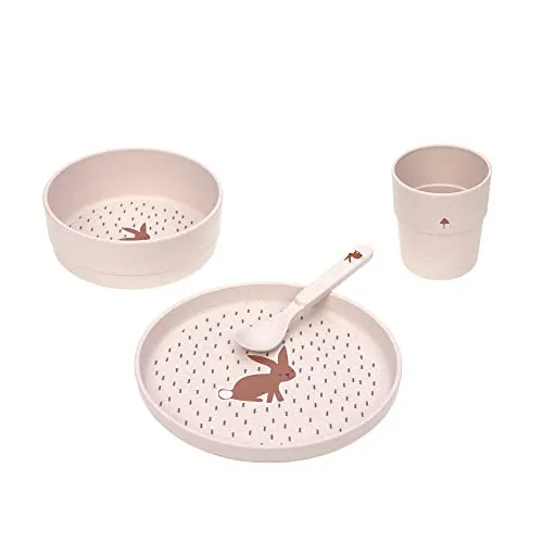 Lässig Geschirr-Set 4-tlg. Little Forest Rabbit - A - Kinderbesteck-Set mit liebevollen Waldmotiven, fördert selbstständiges Essen und enthält Teller, Schüssel, Becher und Löffel. Rutschfester Ring sorgt für sicheren Halt auf dem Tisch.