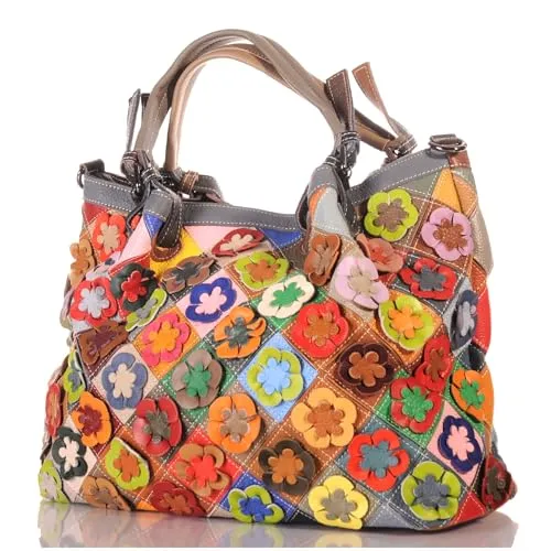 KMISSO Damen Leder Patchwork Handtasche 30681 – Stilvolle Umhängetasche & Henkeltasche mit Blumen-Applikationen - Bunte Damen Ledertasche im einzigartigen Patchwork-Design mit floralen Details. Ideal für Alltag und besondere Anlässe. Vielseitig tragbar mit zwei stabilen Griffen oder als Umhängetasche. Hochwertige Verarbeitung für langlebige Qualität.