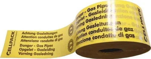 Cellpack Trassenwarnband GAS 100-250 - Warnband für Gasleitungen, 100 mm breit und 250 m lang, sorgt für Sicherheit mit klaren Symbolen und Text. Ideal für Baustellen und öffentliche Bereiche.
