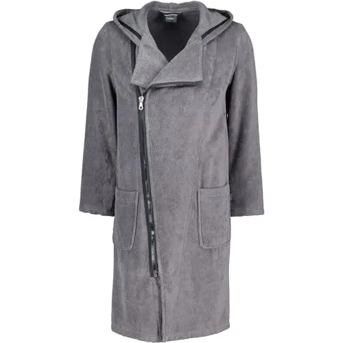 Cawö Home Herren Bademantel mit Kapuze New Zipper 6516 anthrazit-schwarz - 774 L - Bademantel für Herren mit modernem diagonalen Reißverschluss-Design, pflegeleicht und aus reiner Baumwolle, Made in Germany.