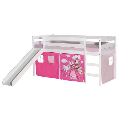IDIMEX Hochbett BENNY mit Rutsche und Vorhang PRINZESSIN - Kinderzimmermöbel: Hochbett aus massivem Kiefernholz in Weiß, inklusive Rutsche und rosa/pinkem Vorhang für ein traumhaftes Prinzessinnenzimmer.
