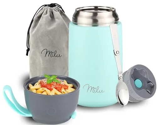 Milu® Thermobehälter für Essen 800ml, Edelstahl Warmhaltebehälter mit Löffel, Thermobecher Essen, Thermo Lunchbox für Kinder, Erwachsene, Thermobox Suppen, Babybrei, Speisebehälter Mint, 800ml