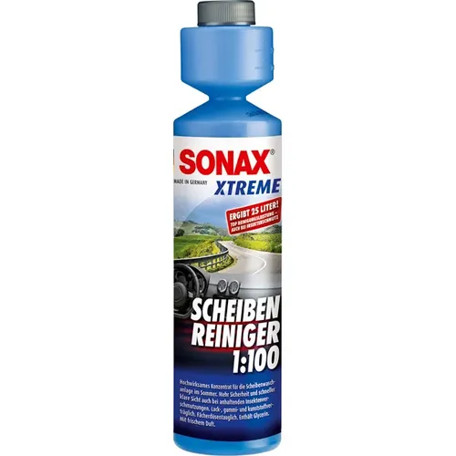SONAX XTREME ScheibenReiniger 1:100, 250 ml - Hochwirksames Reinigungskonzentrat - Autopflege & Motorradpflege - Sorgt für klare Sicht und entfernt schnell Insekten sowie Schmutz mit Nano-Partikeln. Ergiebig: 25 ml ergeben 2,5 L Reinigungsflüssigkeit.