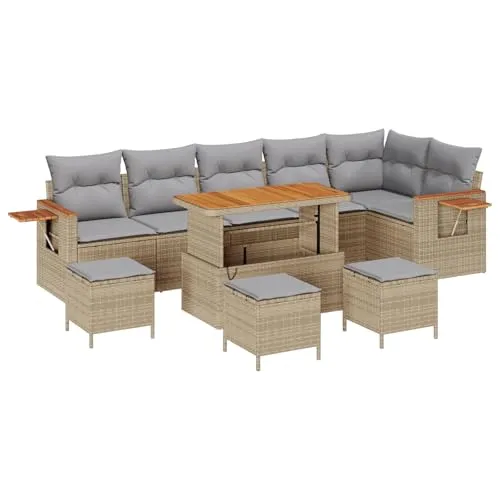 vidaXL 10-teiliges Garten Sofa Set mit Kissen Beige Poly Rattan Akazie, 4-teiliges Gartentisch Set mit Kissen Beige Poly Rattan Akazie