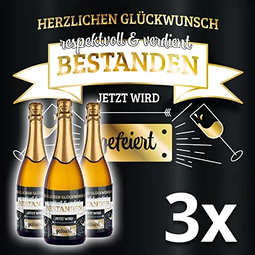 Flaschenetikett "Bestanden" Flaschen-Aufkleber für bestandene Prüfung, 3er Set Flaschen Etiketten für Abschluss, Abi, Studium, Führerschein uvm. (Banderole)