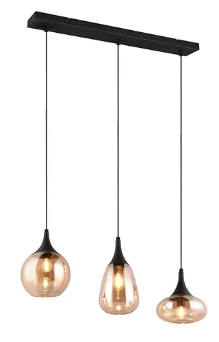 3-flammige Balkenpendelleuchte - Retro Design 70cm - Lampen im Retro Design mit 3 amberfarbenen Glas Lampenschirmen, individuell einstellbar für warmes Licht. Ideal über Esstisch oder Kücheninsel.