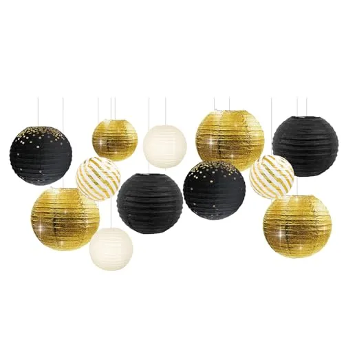 NICROLANDEE Schwarze und goldene Partydekorationen – 12 Stück schwarze goldfarbene Metallic-Folien-Papierlaternen, dekorativ für Geburtstag, Babyparty, Ruhestandsfeier, Abschlussfeier, Jahrestag