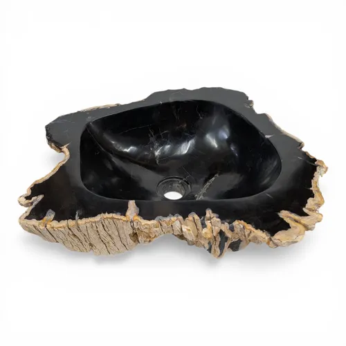 Versteinertes Holz Waschbecken Baumstamm schwarz - Rustikales Aufsatzwaschbecken aus versteinertem Holz, einzigartiges Design, ideal für ein modernes Badezimmer. Maße: 44 x 48 cm, Höhe: 15 cm, polierte Oberfläche für einfache Pflege.