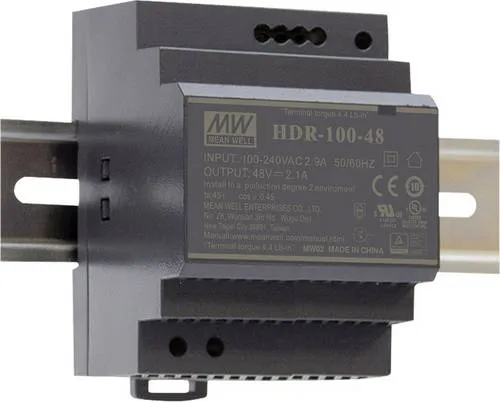 MW Mean Well HDR-100-24 Hutschienen-Netzteil 24 V DC 3.83 A - Hutschienen-Netzteil mit 100 W Leistung, ideal für Gebäudeautomation, hoher Wirkungsgrad bis 91% und geringer Leerlaufverbrauch unter 0,3W.
