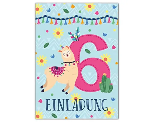 Junapack 12 Einladungskarten zum 6. Kindergeburtstag Einladung zum sechsten Geburtstag Mädchen Lama