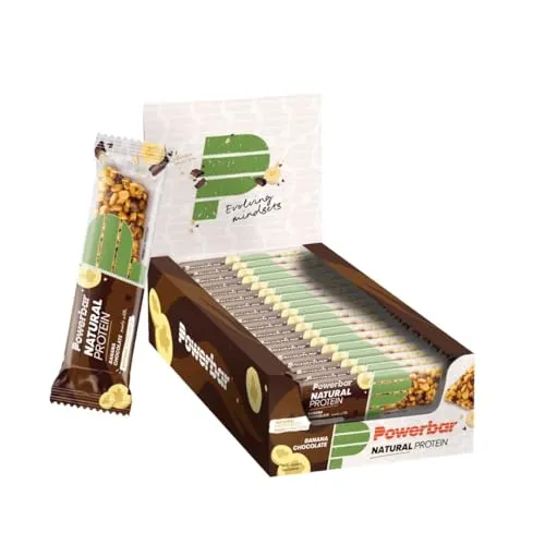 PowerBar Eiweissriegel Natural 30% Protein Banane/Schokolade - Energie-Riegel aus natürlichen, veganen Zutaten mit 30% Protein. Ideal als Snack nach dem Training oder für zwischendurch, lecker mit Banane und Bitterschokolade.