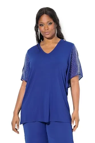 Ulla Popken Damen Plus Size T-Shirt mit Ziersteinen - T-Shirt in großen Größen mit V-Ausschnitt und 3/4-Chiffonärmeln, ideal für einen eleganten Look und maximalen Komfort.
