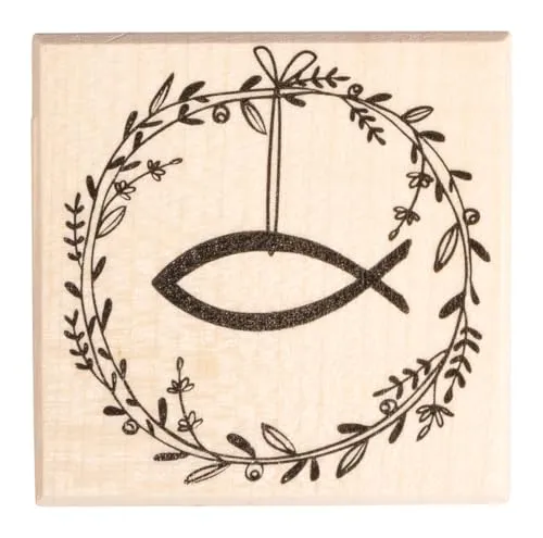 Rayher Stempel Holz, „Festtagskranz mit Fisch“, 6 x 6 cm, Holzstempel zum Gestalten von Karten, Umschlägen, Geschenken, Stempel Kommunion, Butterer Stempel, 29275000