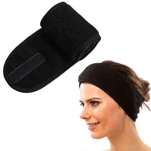 Haarband für Make-Up und Kosmetik - Verstellbares Stirnband Mit Klettverschluss - Frottee Haarschutzband für Sport und Yoga - Schwarz