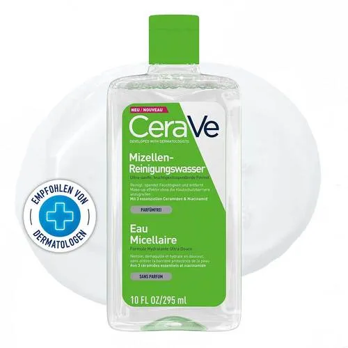 CeraVe Mizellenwasser 296 ml - Gesichtsreinigung für alle Hauttypen, entfernt sanft Make-up und spendet intensive Feuchtigkeit mit Hyaluronsäure und Ceramiden.