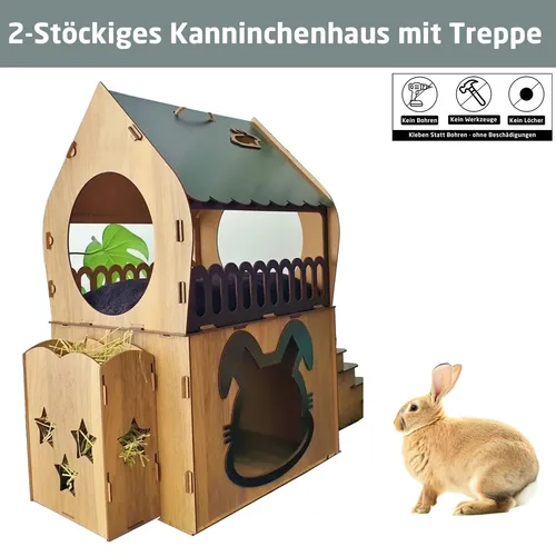Tierhaus XL Kaninchenhaus – Geräumige Hasenhütte für Kleintiere - Betten, Hängematten & Nester – Geräumiges Design für 1–2 Kaninchen, gefertigt aus robustem MDF-Holz für Langlebigkeit, inkl. einfacher Montageanleitung.