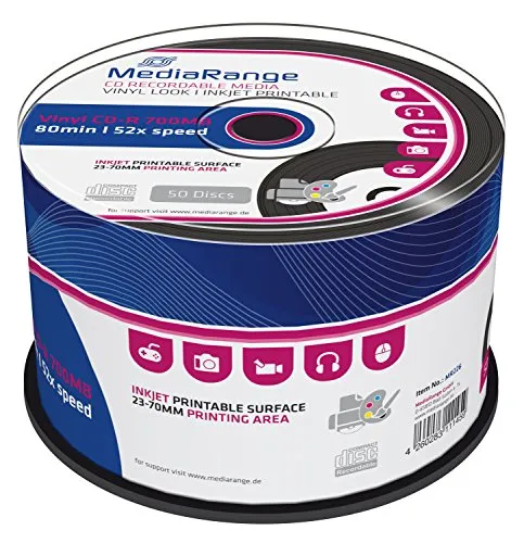 MediaRange Vinyl CD-R 700MB|80min 52-fache Schreibgeschwindigkeit, bedruckbar (Tintenstrahldrucker), Schwarze Schreibseite, 50er Cakebox