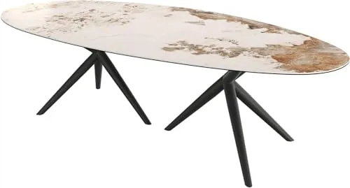 DELIFE Esstisch Edge Oval Keramik Minas Melange Weiß-Beige 280x130 - Esszimmertisch mit eleganter ovaler Keramikplatte, gefertigt aus einem Stück für nahtlose Maserung. Stabilität durch 3-Bein-Gestell in Schwarz, ideal für stilvolle Wohnräume.