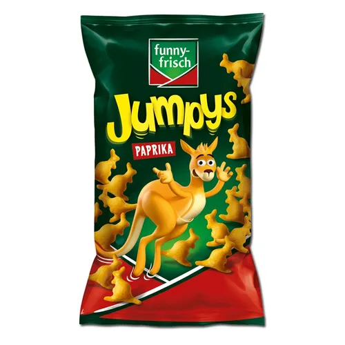 Funny Frisch Jumpys Paprika Chips 75g - Glutenfrei und Vegan - Chips aus Kartoffeln mit Paprika-Geschmack, in Känguru-Form, perfekt für einen leckeren Snack ohne Gluten und tierische Produkte.
