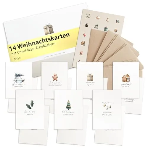 Weihnachtskarten mit Umschlag Set Pastell - Schöne Weihnachtskarten Adventskarten zum Aufklappen - Karten Weihnachten Set - Weihnachtskarte Set Postkarten - Weihnachten Karte mit Stickern D012 D012 14