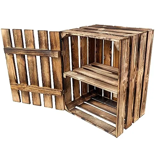 Creative Deco Vintage Holztruhe mit Deckel & Regal - Dekorative Boxen & Kästen – Hochwertige geflammte Holzkiste mit Klappdeckel, ideal zur stilvollen Aufbewahrung und für DIY-Projekte, perfekt für jeden Wohnraum.