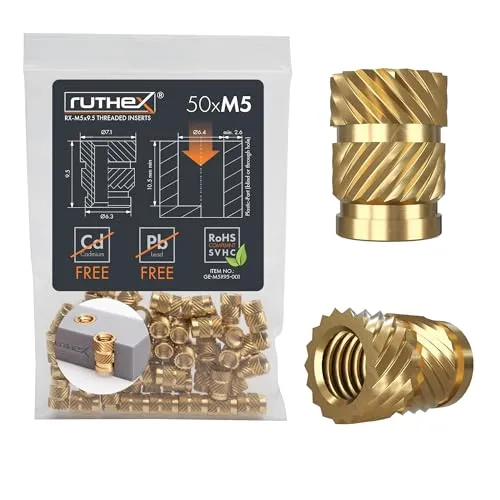 ruthex Gewindeeinsatz M5 – 50 Stk. Messing Gewindebuchsen für 3D-Druck - Praktisches Set mit 50 M5 Gewindeeinsätzen aus hochwertigem Messing. Ideal zum Einpressen in 3D-Druckteile aus verschiedenen Kunststoffen, für stabilen Halt und einfache Anwendung.