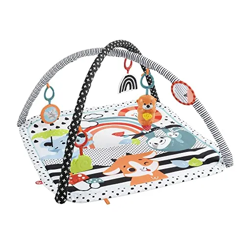 Fisher-Price Tierfreunde Kontrast-Spieldecke - 3-in-1 Spieldecke für Babys, ideal für Rücken- und Bauchlage, mit 5 Spielzeugen, Musik und Licht, fördert die visuelle Entwicklung, maschinenwaschbar und praktisch für unterwegs.