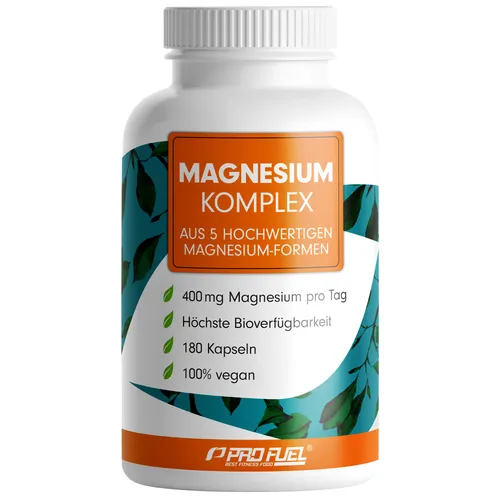 ProFuel MAGNESIUM Komplex - Hochdosiert mit 5 Formen - Magnesium Nahrungsergänzung - 400 mg pro Tag für optimale Versorgung. Unterstützt Energiestoffwechsel, Muskelfunktion sowie gesunde Knochen und Zähne.