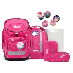ergobag pack Set - ergonomischer Schulrucksack 6-teilig für 1. Klasse, individuell gestaltbar mit reflektierenden Elementen und hervorragender Ergonomie