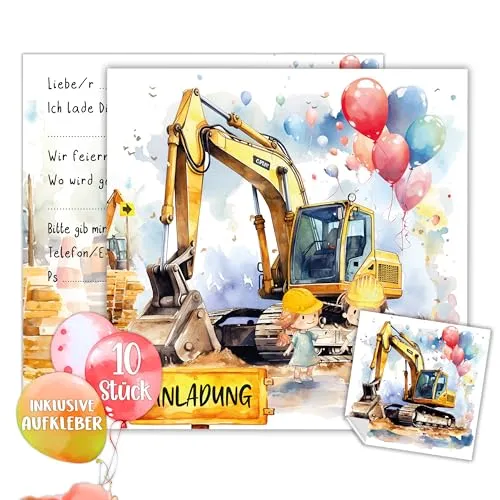 TOBJA Einladung Kindergeburtstag Junge & Mädchen | XXL Einladungskarten Geburtstag 15 x 15 cm | 10er Set mit Stickern | Geburtstagseinladungen (Bagger)