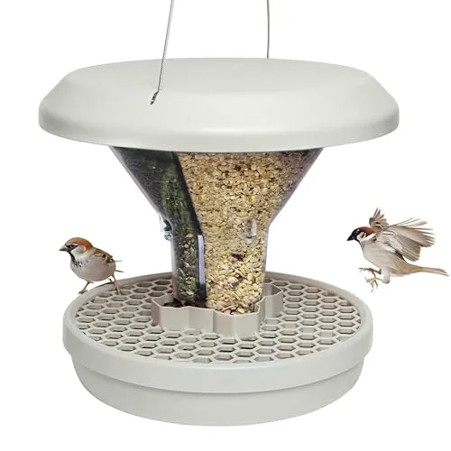 SWISSINNO Vogelfutterhaus zum Aufhängen – Davos SMART Birds - Vogelfutterspender mit Auffangschale - Futterstation für Vögel - Futtersilo Rattensicher - Vogelhaus für Garten & Balkon - Hellgrau