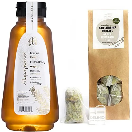 Kretischer Thymian Honig - Hochwertiger Premium Honig aus Kreta | Traditionelle Imkerei Maragkakis | Griechischer Bio Bergtee von Delinio - Sideritis Scardica | 10 Teebeutel, 500g Thymianhonig