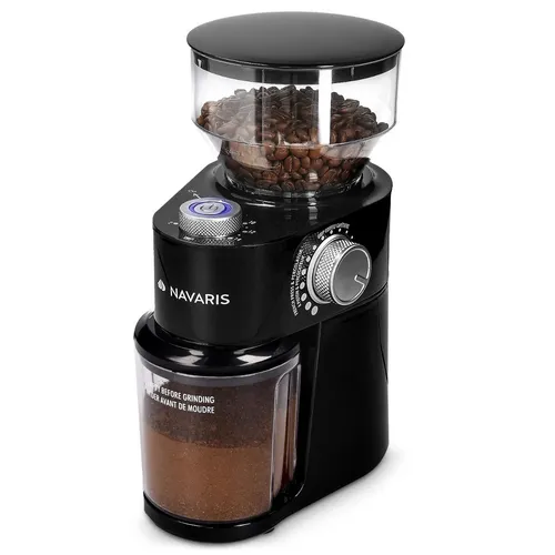 Navaris Elektrische Kaffeemühle - 200W, Edelstahl Scheibenmahlwerk für bis zu 14 Tassen, 18 Mahlgrade und Reinigungsbürste inklusive