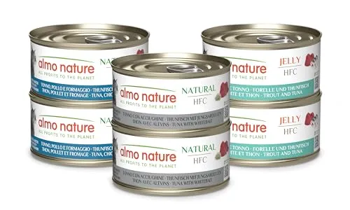 almo nature Multipack (6x70g) - Verschiedene Sorten mit Thunfisch: 2X Thunfisch, Huhn und Käse - 2X Thunfisch mit Jungsardellen - 2X Forelle und Thunfisch
