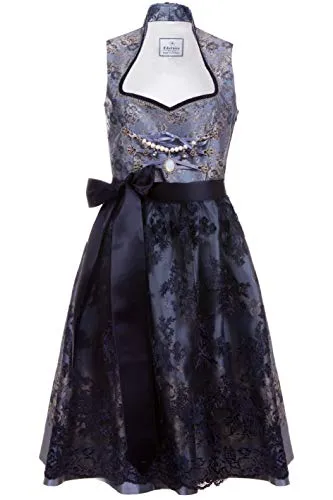 Edelnice Trachtenmode Dirndl Adriana – Exklusives Midi Dirndl mit Spitzen Dirndlschürze und Charivari - Elegantes Dirndl im Stehkragen Schnitt aus changierendem Brokatstoff mit romantischen Motiven. Inkl. luxuriöser Spitzenschürze und Charivari, perfekt für festliche Anlässe!