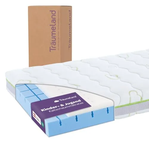 Träumeland T080284 Jugendmatratze Schlummerland 120 x 200 cm - Matratzen für Kinder und Jugendliche, schadstoffzertifiziert und allergikerfreundlich, mit abnehmbarem, waschbarem Bezug aus hochwertigem Tencel-Verbundstoff für beste Punktelastizität.