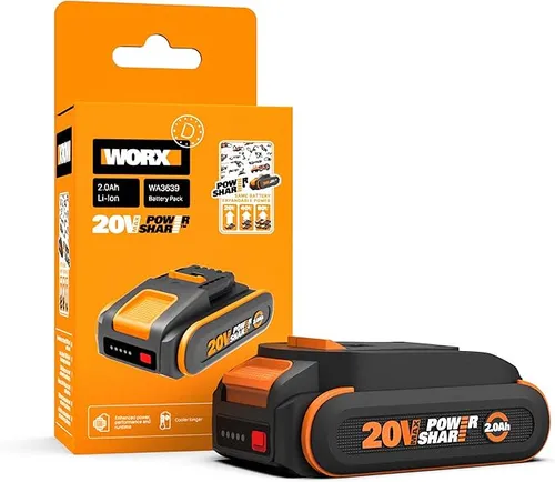 WORX WA3639 PowerShare Akku 20V - 2000mAh - Werkzeugakkus mit 360°-Zellenschutz für erhöhte Sicherheit und längere Lebensdauer, kompatibel mit allen WORX Geräten und ideal für zuverlässige Leistung.