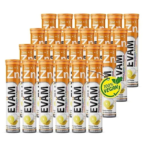 EVÄM Zink plus Vitamin C Brausetabletten I Geschmack Zitrone I 24x 20 Stück I Nahrungsergänzungsmittel zur Unterstützung des Immunsystems I Vegan I Made in Germany