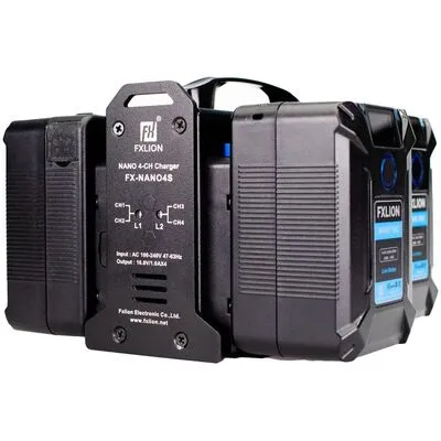FXLION Charger für 4 Akkus V-Lock - V-Lock Akku-Ladegerät für bis zu 4 Akkus, effizient und ideal für professionelle Filmproduktionen.