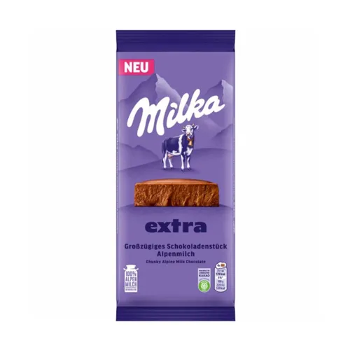 Milka Extra Alpenmilch – Großzügiges Schokoladenstück mit 100% Alpenmilch - Sortimentpackungen für Pralinen – zarte Alpenmilch-Schokolade mit cremiger Textur, ideal für Genussmomente und Kaffeetisch.