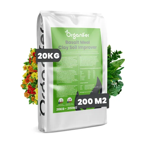 Organifer Basaltmehl 20 kg - Naturbelassenes Urgesteinsmehl für Pflanzenpflege - Ideal zur Verbesserung der Bodenstruktur und Nährstoffversorgung. Reich an Mineralien und Spurenelementen, unterstützt es das Wachstum aller Pflanzenarten auf natürliche Weise.