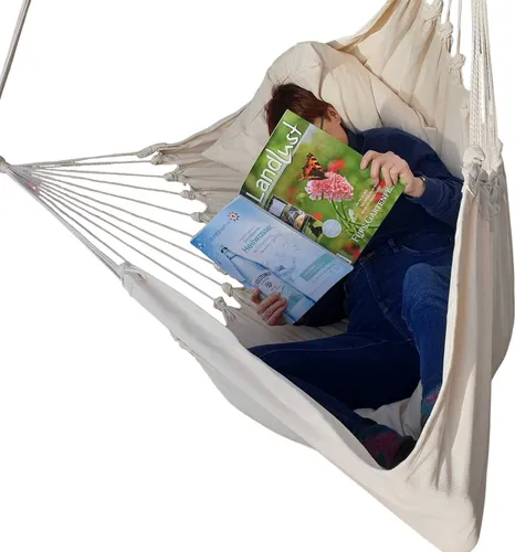 Gepolsterter Hängesessel Hängestuhl Natur XXXL Baumwolle mit 2 Kissen - Großer Hängesessel in XXXL mit komfortabler Sitzfläche von 210 x 127 cm. Inklusive 2 Kissen für zusätzlichen Komfort. Hochwertige Verarbeitung aus 100% Baumwolle, ideal für entspannende Momente.