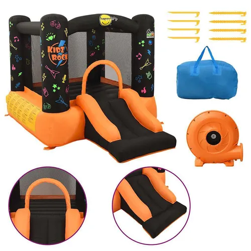 Happy Hop Aufblasbare Hüpfburg mit Rutsche 210x280x170 cm - Spielplatz für Kinder, bietet mit Hüpfschloss und Rutsche jede Menge Spaß und Sicherheit durch Netzwände. Einfach aufzubauen und verstauen in Tragetasche.