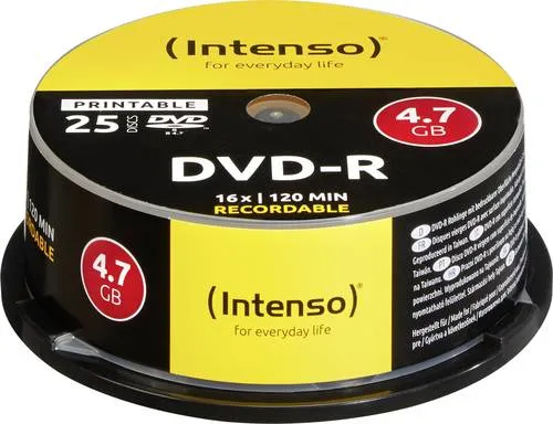 Intenso DVD-R Rohlinge bedruckbar 25er Spindel - Rohlinge mit 4.7 GB Kapazität, ideal für Inkjetdruck. Praktische Spindel zur Aufbewahrung, sehr lange Archivierungsdauer, perfekt für kreative Projekte.