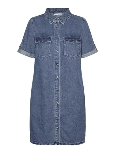 Jeanskleid "VMJENNIE SS SHORT DENIM DRESS NOOS" in Medium Blue, Gr. XS (34) - Sommerkleider: Bequemes und feminines Jeanskleid von Vero Moda mit sportlichen Brusttaschen und pflegeleichter Denim-Qualität.