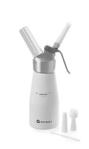 Hendi Sahnespender Kitchen Line 588031, 0,25 Liter - Schlagsahnebereiter aus hochwertigem Aluminium, ideal für Sahne, Mousse und Saucen. Inklusive 3 Spritztüllen und Reinigungsbürste für schnelles Garnieren.