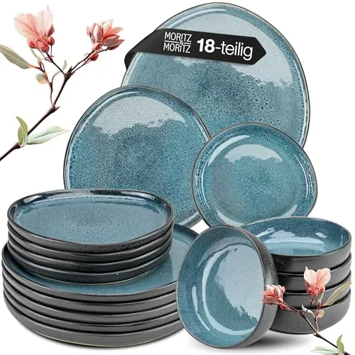 Moritz & Moritz Tafelservice ORGANIC reaktiv blau 18-tlg. für 6 Personen - Elegantes 18-teiliges Geschirrset aus Steinzeug für 6 Personen, spülmaschinenfest und ideal für Alltag sowie besondere Anlässe. Bringen Sie frischen Wind auf Ihren Tisch!