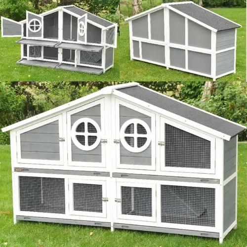 Nanook Kleintierstall Momo XXL grau - Kleintierkäfige, doppelstöckig aus imprägniertem Holz, wetterfest mit attraktiven Stallfenstern und 6 Fronttüren für einfachen Zugang – ideal für ein komfortables Zuhause Ihrer kleinen Lieblinge.