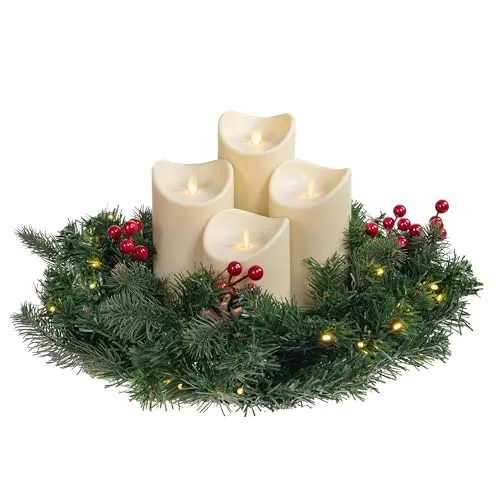 Künstlicher Adventskranz mit LED Kerzen und Lichterkette - Sicher und stilvoll - Weihnachten Kränze - Hochwertiger Tannenkranz mit 4 flammenlosen LED Kerzen, ideal für sichere und stilvolle Weihnachtsdekoration, über 600 Stunden Leuchtdauer.